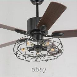 52'' Farmhouse Ceiling Fan Lamp Industrial Rustic Metal Cage Pendant Fan Remote