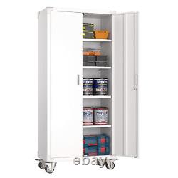 Tall Metal Mobile garage Storage Cabinet With Wheels For Office Home Garage White