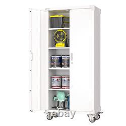 Tall Metal Mobile garage Storage Cabinet With Wheels For Office Home Garage White